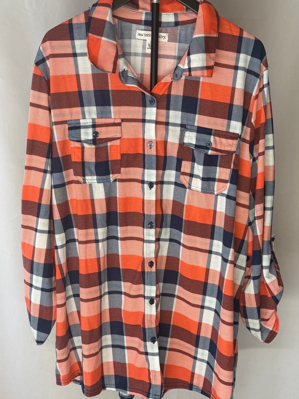 New York Laundry Orange Navy Cream Orange Plaid Button-Up Shirt Plus Size 3x